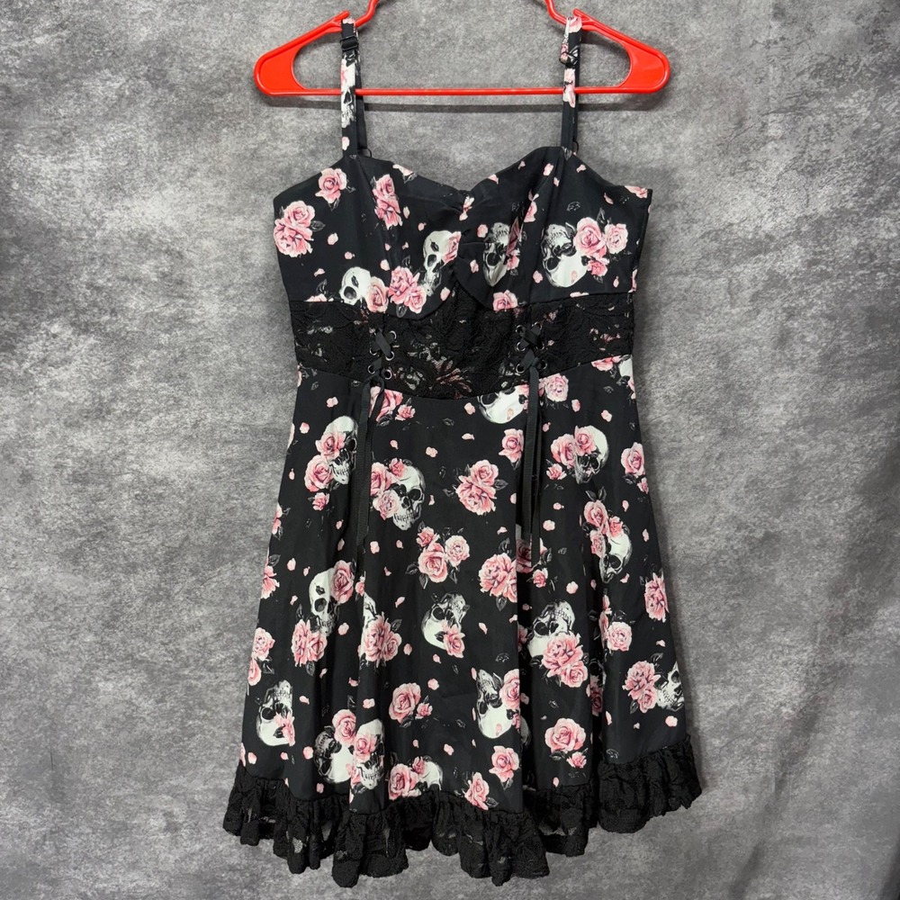 Hot Topic Skull Rose Print Lace Up Dress Size M Black Pink Whimsigoth Lolita